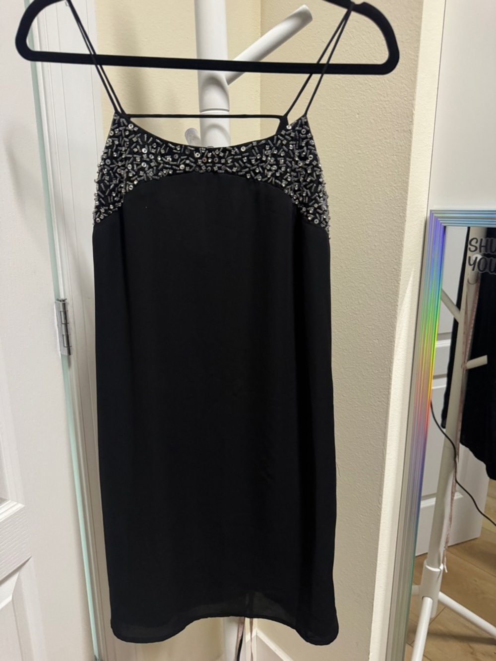 Aqua Black Beaded Spaghetti Strap Mini Dress